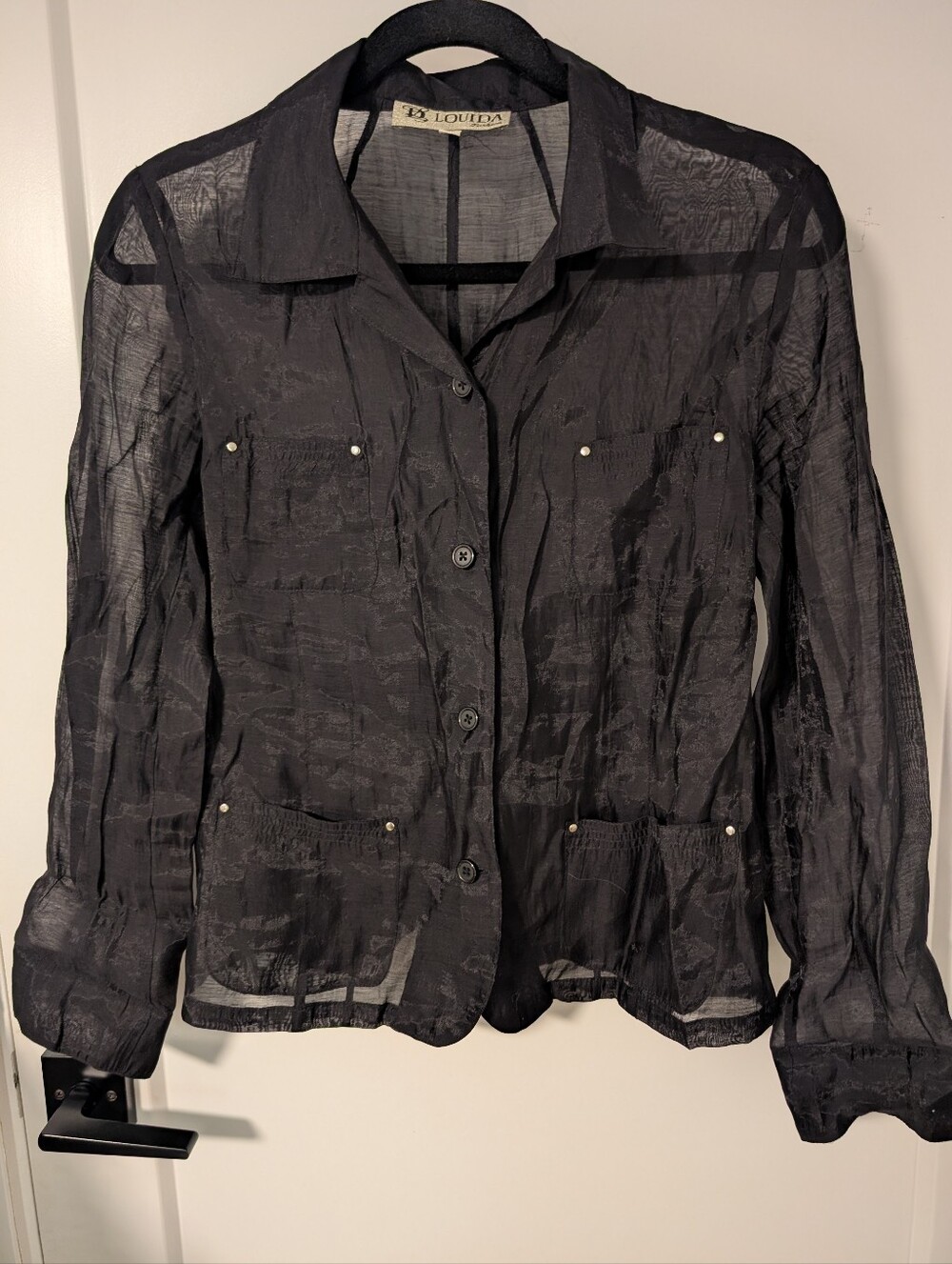 Black Sheer Button Down Shirt With Pockets